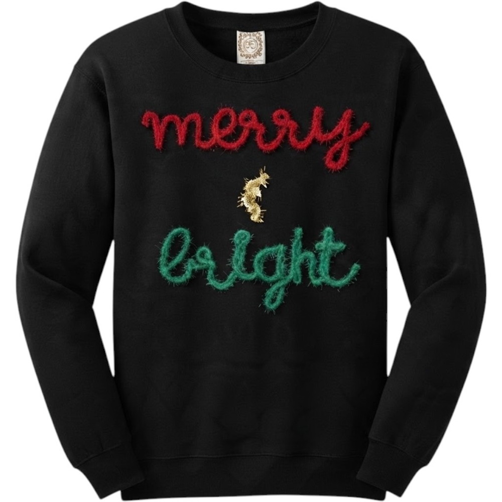 Tru Self Merry & Bright Sweatshirt Womens Small Black Christmas Holiday Crewneck